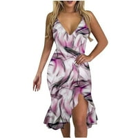 Летни Фустани За Жени В-Вратот Печатени Обвивка Коленото Должина Мода Плажа Без Ракави Фустан Розова