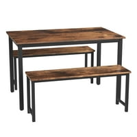 Едноставен индустриски дизајн трпезарија кујна маса поставена со две клупи, метална рамка и табла за МДФ, модерен мебел за дома,