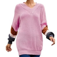 Жените Мода V Вратот Ракав Лента Боја Блузи Лабава Плете Џемпер Женски Пуловер Џемпер Розова И