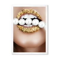 DesignArt 'Златен лист усни уста со модерни врамени уметнички принт на бисери