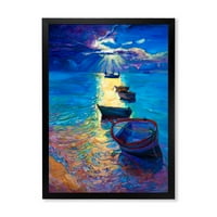 DesignArt „Риболов чамци на вода со темно сино небо илустрација“ езерска куќа врамена уметничка печатење