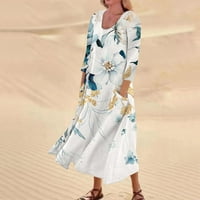Штрунгтен Дами Обичен Цветен Принт Џебен Фустан со Три Четвртини Ракави макси фустан за жени