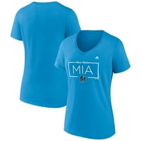 Женски фанатици брендирани сини Мајами Марлинс врвна маица за наплата на вратот со В-врат