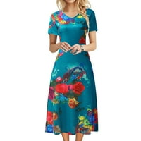 Фустани за заливот за жени се облекуваат за соодветен v врат краток ракав Боемски цветни печати обична едноставна маица лабава