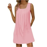 Letterенски летен фустан со цврст квадрат-врат без ракави фустан од плажа Sundress Mini Flared резервоарот фустан розов нас