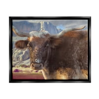 Слупел Лонгхорн добиток Рурални планини животни и инсекти сликање црно лебдеј врамен уметнички печатен wallид уметност
