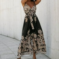 Летните фустани на Зермоге за жени, женски мода Боемски В-врат, лабава фустан со должина на глуждот без ракави