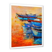 Чамци за време на топлото зајдисонце, потпирајќи се на водата VIII, врамени сликарски платно уметнички принт