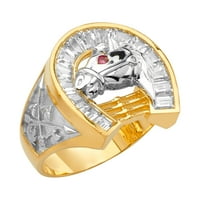 Накит 14к бело и жолто злато со две тони коњски чевли кубни цирконија CZ прстен големина 9,5