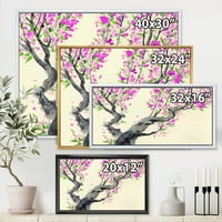 Дизајн Јапонското дрво со виолетови цвеќиња на 'традиционално врамено платно wallидно печатење