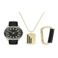Фолио машки Gunmetal Tone Round Analog Watch со црна кожна лента од Fau, златен тон карбинер и златен тон кучиња ознака за приврзок