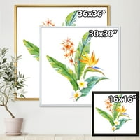 DesignArt „Зелени лисја со тропски жолти цвеќиња I“ традиционално врамено платно wallидно печатење