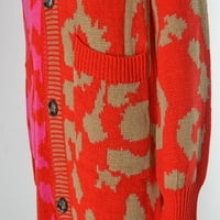 Женски Блок Во Боја Леопард Копче За Печатење Долги Плетени Џемпери Од Кардиган Со Џебови Црвени М