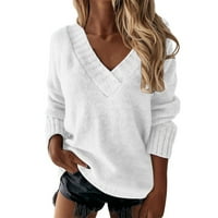 Јинмгмхј џемпери за жени Жени Обична Лабава Еднобојна Мода Со Долги Ракави V Џемпер За Пуловер На Вратот Бела + 8
