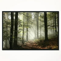 Дизајнарт Светлина Во Густа Есенска Шума Со Магла Пејзаж Уметност Печатење Врамени Платно